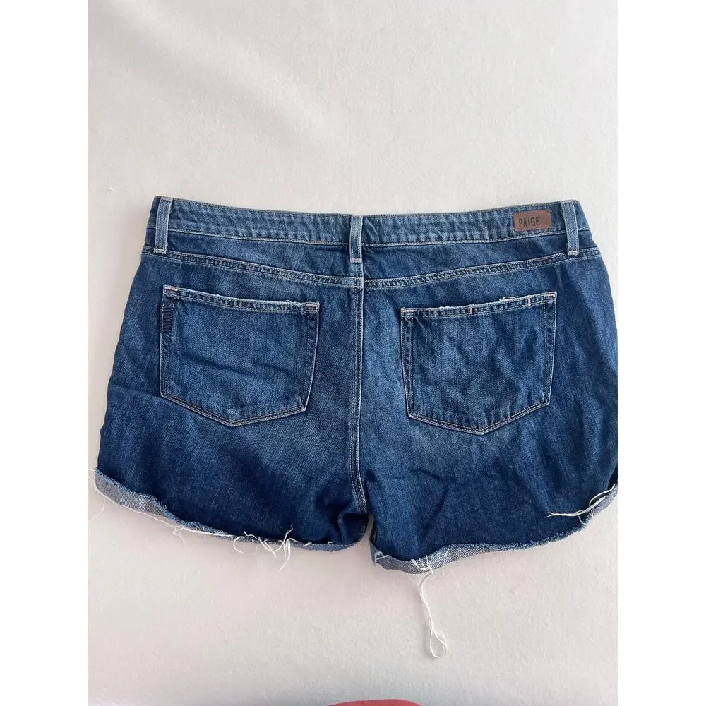PAIGE Womens 31 Jimmy Distressed Denim Shorts Dark Wash Cuffed Mid Rise